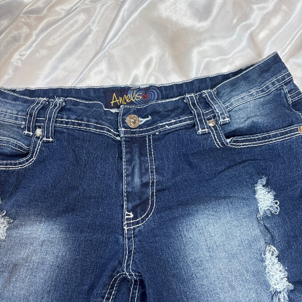 Angels Forever Young Womens Distressed Denim Shorts Dark Wash Thick Stitch Sz 11 - Picture 3 of 6